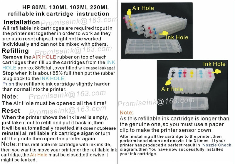 Refillable Ink Cartridges (130ml) for HP 72 Designjet T610 T620 T770 T790 T1100