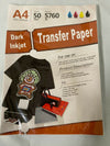 New Inkjet Iron-On Heat Transfer Paper For Dark fabric 50 Sheets 8.5"x 11" A4