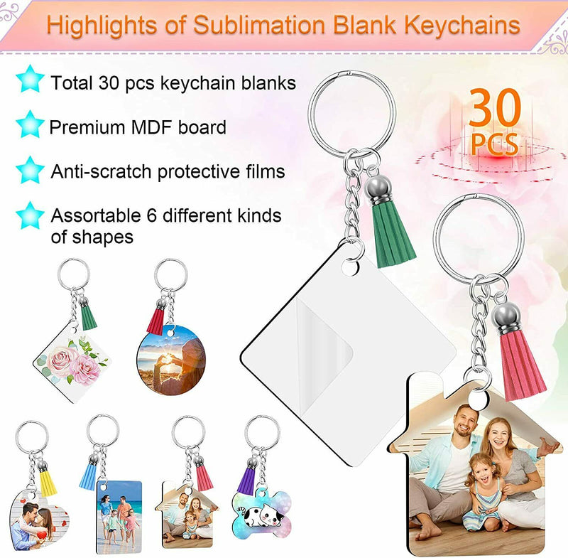 DIY Sublimation Keychain Blank 120Pcs Heat Transfer Keychain MDF Pendant 6 Style