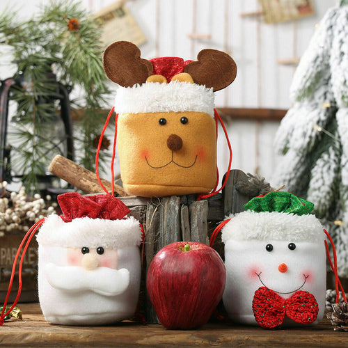 Christmas Sweet Treat Wrapping Bag Santa Snowman Elk Drawstring Gift Bags -3 Pcs