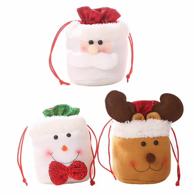 Christmas Sweet Treat Wrapping Bag Santa Snowman Elk Drawstring Gift Bags -3 Pcs