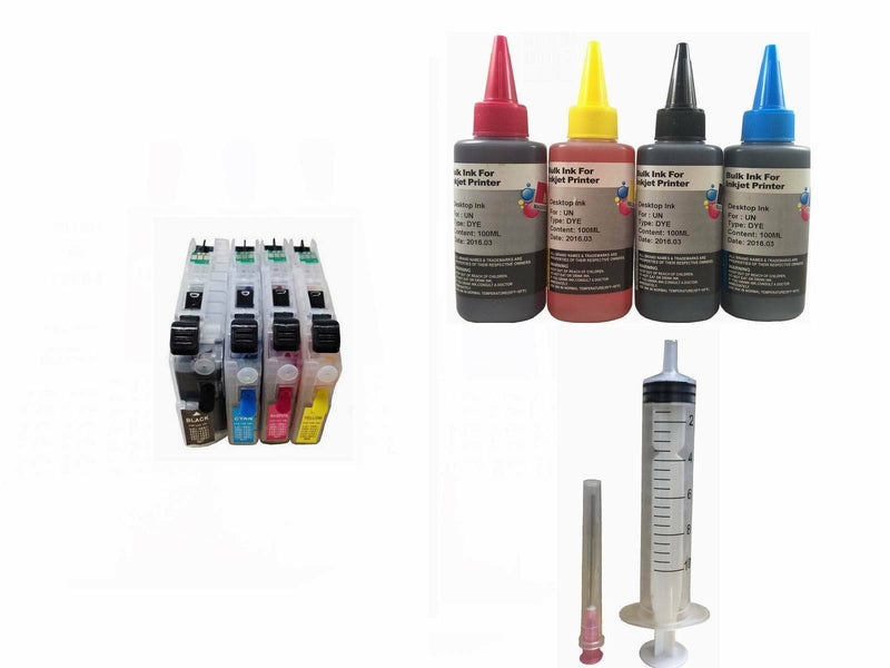 4x100ml Ink +4 Refillable cartridge For Brother LC103 L105 LC109 J4510DW J6920DW